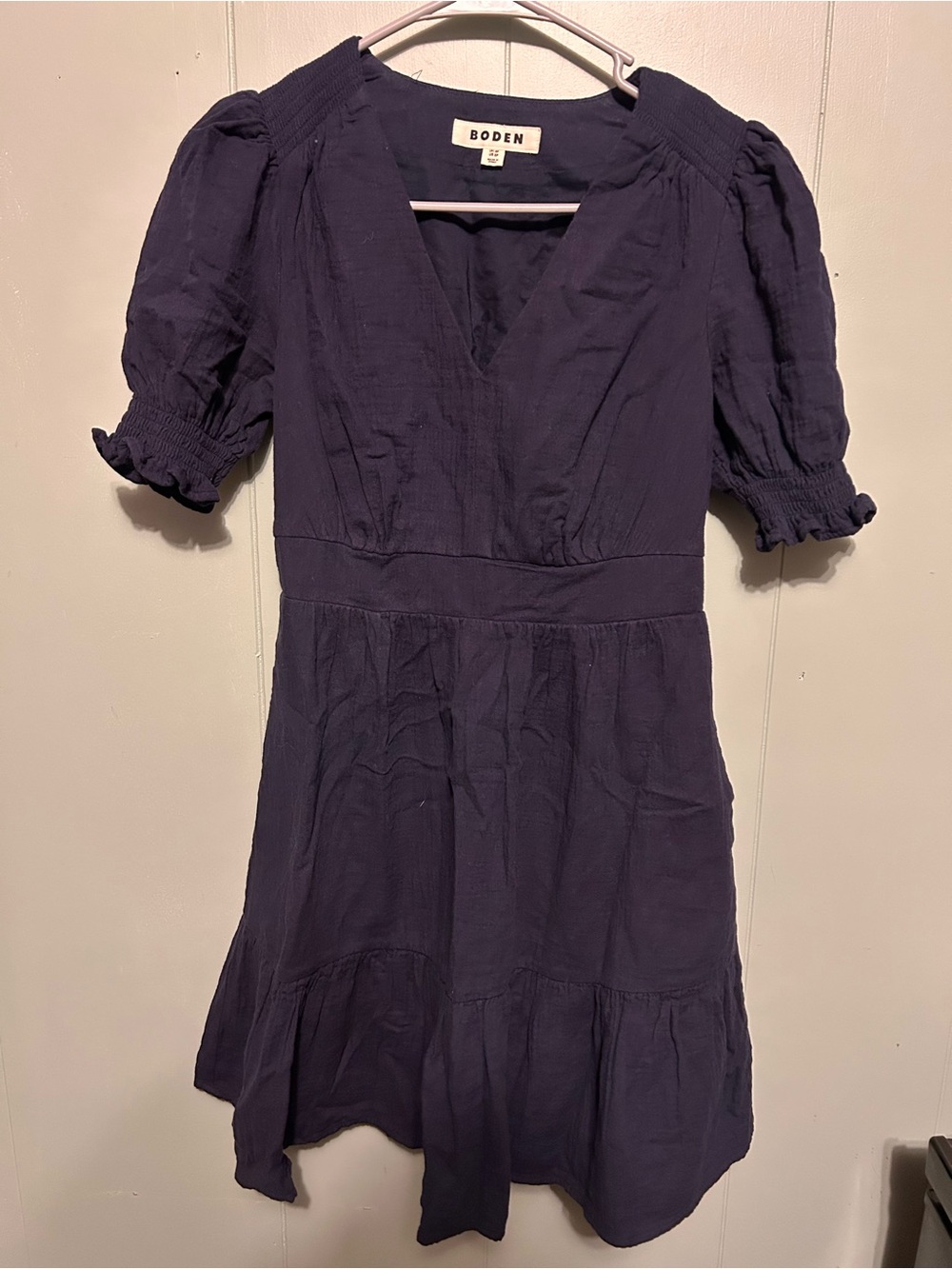 Boden Navy V-Neck Tiered Mini Dress with Puff Sleeves